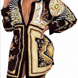 Womens Floral Print Button Down Collar Long Shirt Dress Blouse